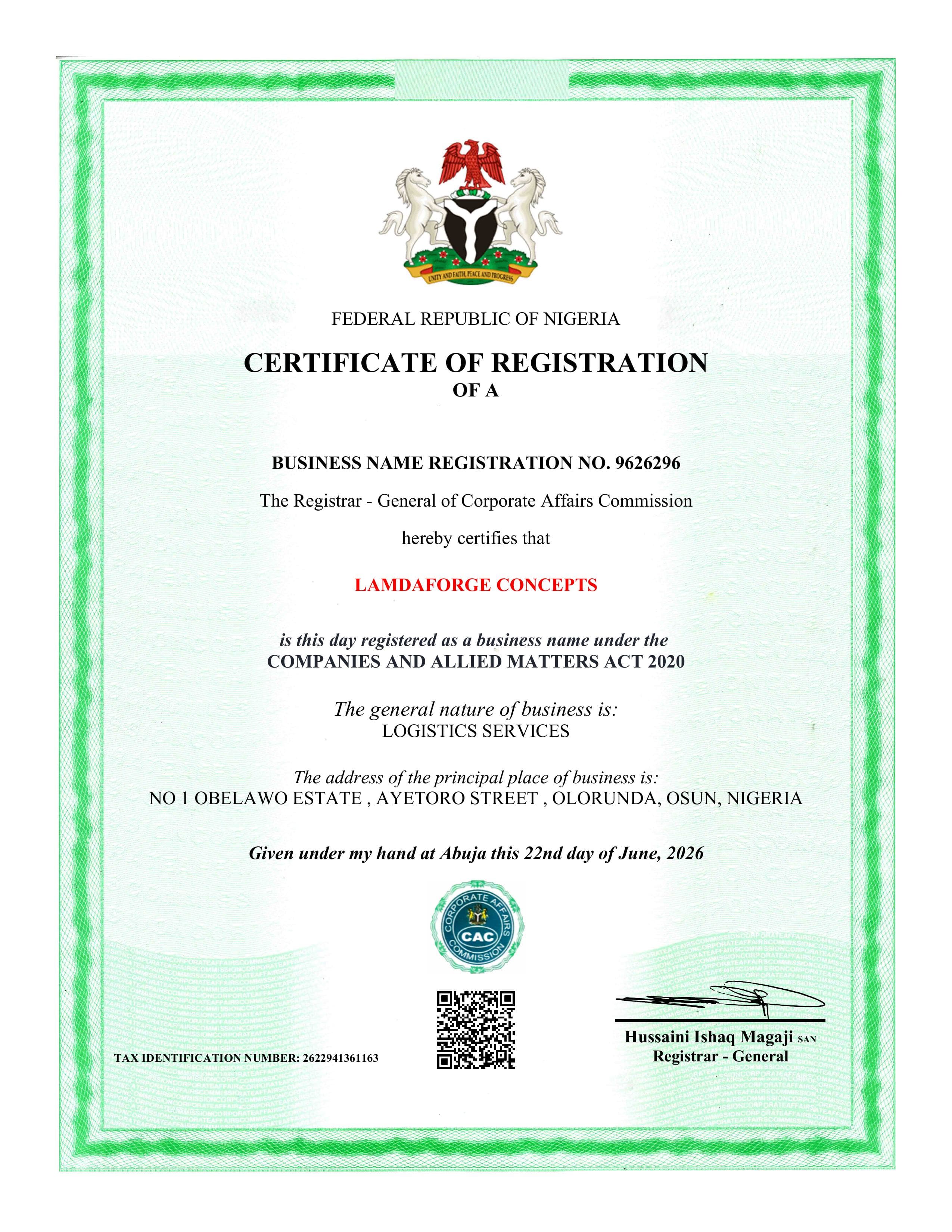 Official Corporate Registration (CAC)
